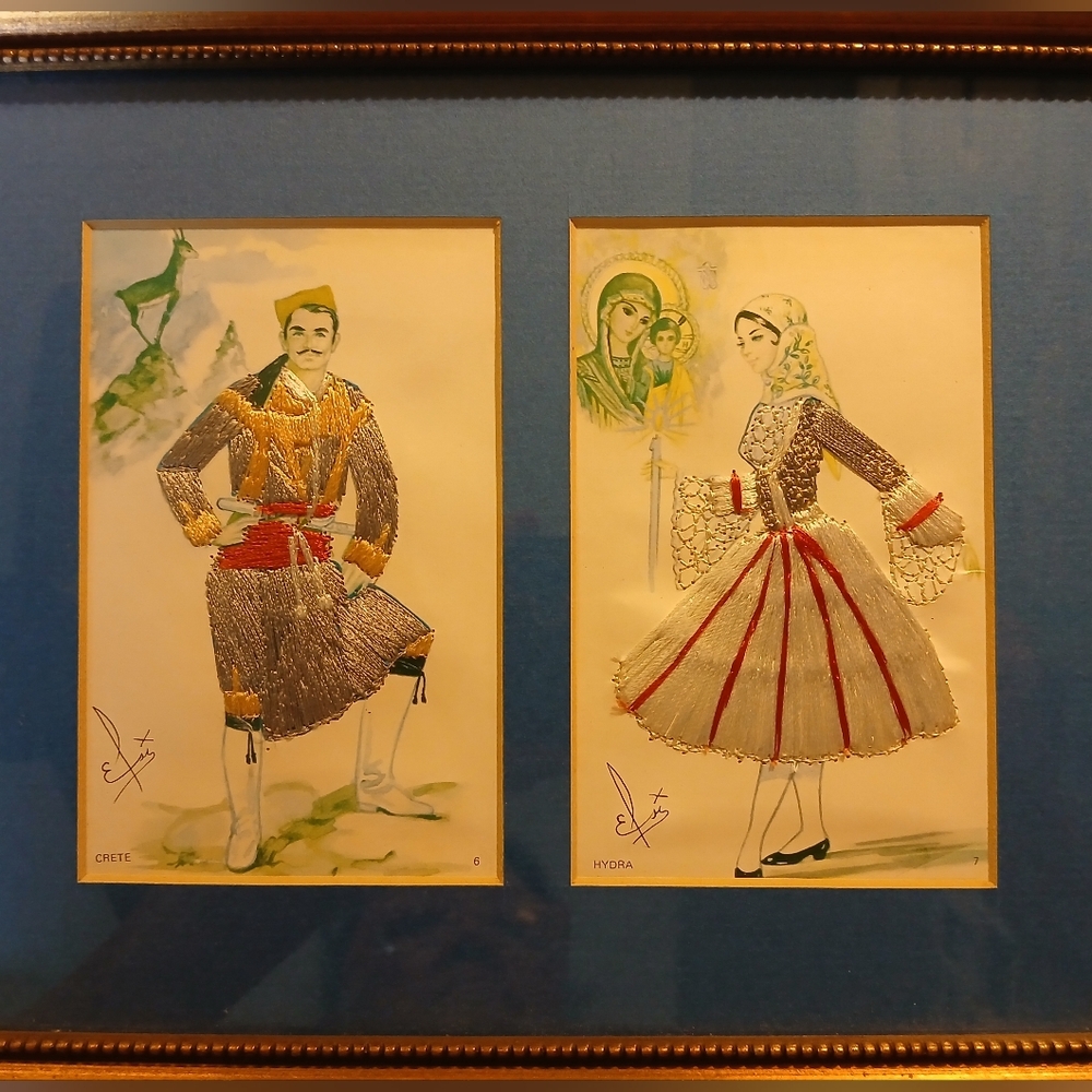 Vintage Framed C. 1950 Embroidered Post Cards Signed Elsi Gumier. FF337